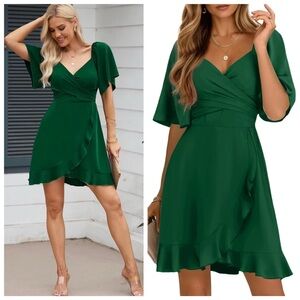 NWT Dokotoo Green V Wrap Tie Ruffle Short Flutter Sleeve Cocktail Mini Dress L